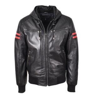 BUNERI Black Real Leather Hooded Bomber Jacket