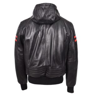 BUNERI Black Real Leather Hooded Bomber Jacket