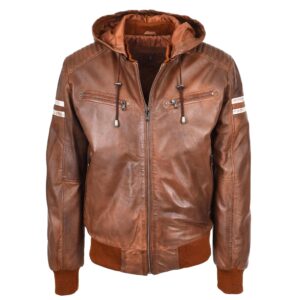 BUNERI Men’s Cognac Real Leather Bomber Detachable Hoodie Jacket