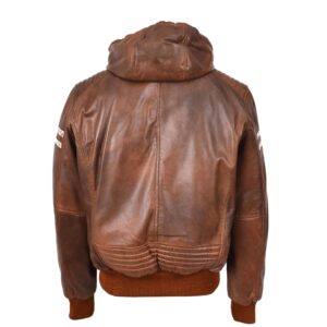 BUNERI Men’s Cognac Real Leather Bomber Detachable Hoodie Jacket