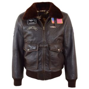 BUNERI Brown Real Leather G-1 Bomber Jacket with Airforce Badges
