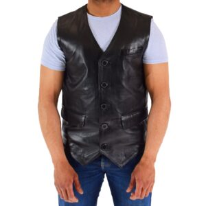 BUNERI Men’s Real Leather Gilet Vest Waistcoat Black