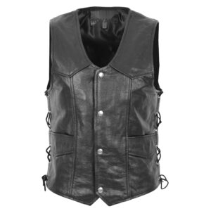 BUNERI Men’s Real Leather Gilet with Side Tassel Black