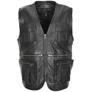 BUNERI Black Real Leather Multi-Purpose Waistcoat