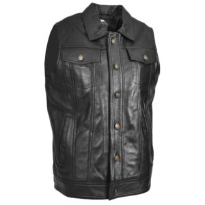 BUNERI Black Leather Classic Trucker Style Vest