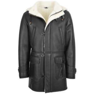 BUNERI Black White Sheepskin Hooded Duffle Coat
