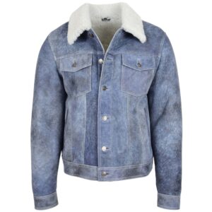 BUNERI Men’s Real Sheepskin Trucker Jacket Denim Blue