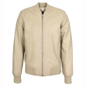 BUNERI Men’s Real Soft Leather Bomber MA-1 Varsity Style Jacket Beige