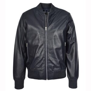 BUNERI Navy MA-1 Varsity Style Leather Bomber Jacket