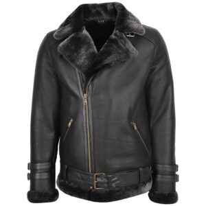 BUNERI Black Sheepskin Aviator Cross Zip Biker Jacket