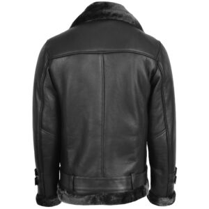 BUNERI Black Sheepskin Aviator Cross Zip Biker Jacket