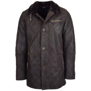 BUNERI Dark Brown 100% Real Sheepskin Leather Cross Stitch Anorak