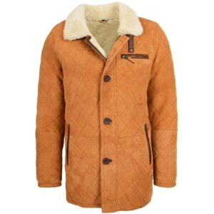 BUNERI Men’s Sheepskin Jacket Cross Stitch Anorak Tan White