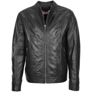 BUNERI Black Soft Leather Casual Plain Zip Jacket