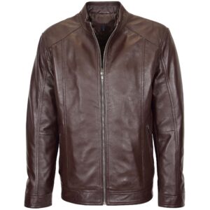 BUNERI Men’s Brown Soft Leather Casual Plain Zip Jacket