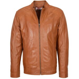 BUNERI Men’s Soft Leather Casual Plain Zip Jacket Tan