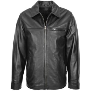 BUNERI Men’s Soft Leather Plain Zip Box Casual Jacket Black