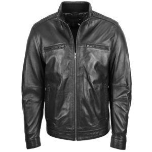 BUNERI Men’s Standing Collar Leather Jacket Black