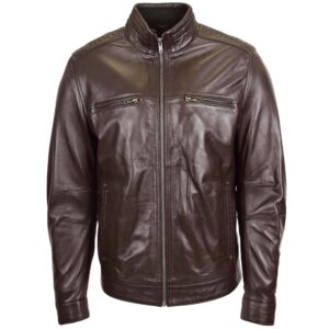 BUNERI Men’s Standing Collar Leather Jacket Brown