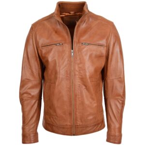BUNERI Men’s Standing Collar Leather Jacket Tan