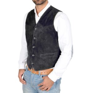 BUNERI Men’s Genuine Suede Leather Button Fastening Waistcoat Black