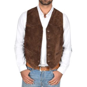 BUNERI Brown Genuine Suede Leather Waistcoat