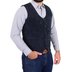BUNERI Men’s Navy Suede Waistcoat Button-Fastening
