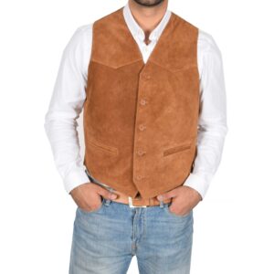 BUNERI Men’s Tan Genuine Suede Leather Waistcoat
