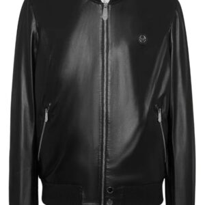 BUNERI Black Leather Bomber Jacket