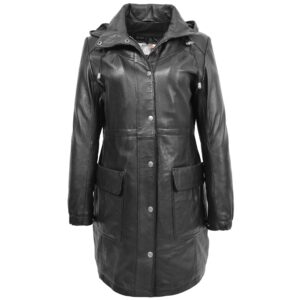 BUNERI Women’s Black Leather 3/4 Length Duffle Coat