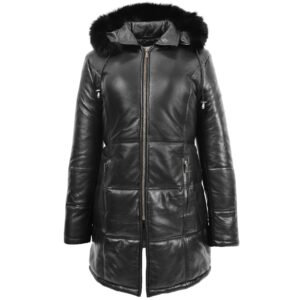 BUNERI Women’s Black Leather Puffer Coat 3/4 Length