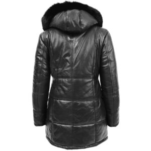 BUNERI Women’s Black Leather Puffer Coat 3/4 Length