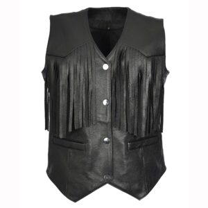BUNERI Black Cowhide Leather Biker Waistcoat with Fringe