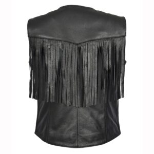 BUNERI Black Cowhide Leather Biker Waistcoat with Fringe