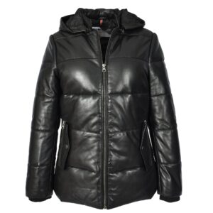 BUNERI Women’s Genuine Leather Puffer Jacket Black with Removable Hood