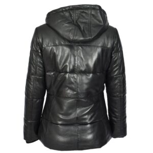 BUNERI Women’s Genuine Leather Puffer Jacket Black with Removable Hood