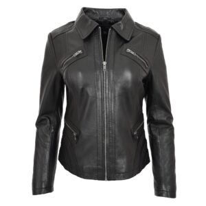 BUNERI Women’s Classic Leather Biker Zip Box Jacket Black