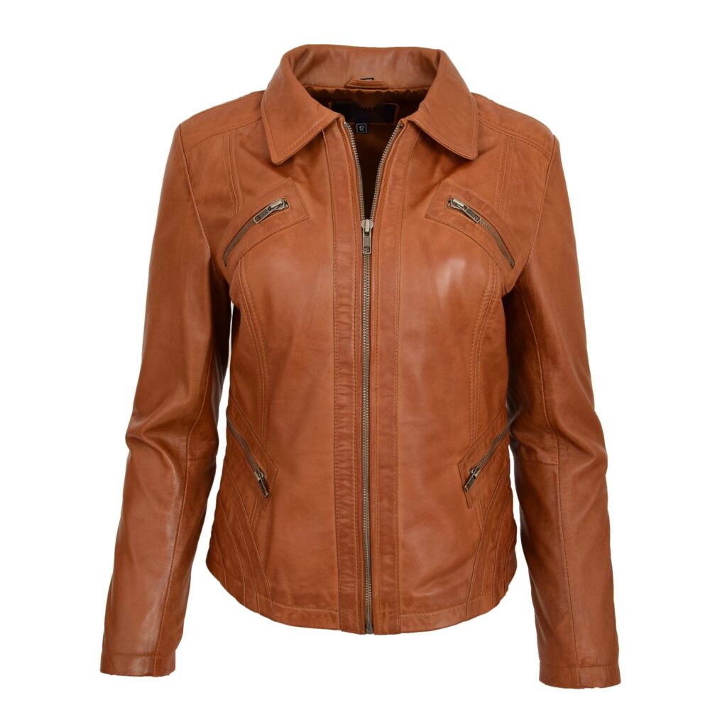 BUNERI Tan Classic Leather Biker Zip Box Jacket Women