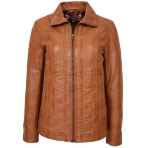 BUNERI Women’s Tan Leather Classic Zip Jacket