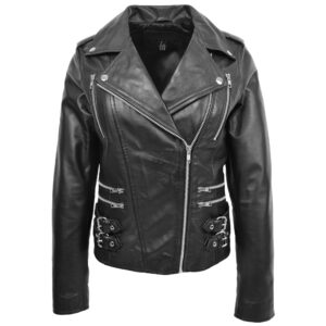 BUNERI Black Leather Cross Zip Biker Jacket Women