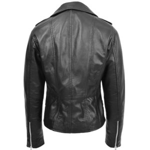 BUNERI Black Leather Cross Zip Biker Jacket Women
