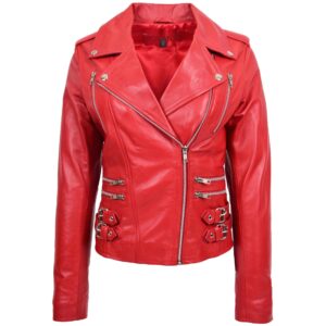 BUNERI Red Cross Zip Biker Leather Jacket for Women