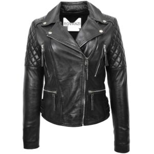 BUNERI Women’s Cross-Zip Biker Leather Jacket