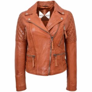 BUNERI Cognac Leather Cross Zip Biker Jacket Women