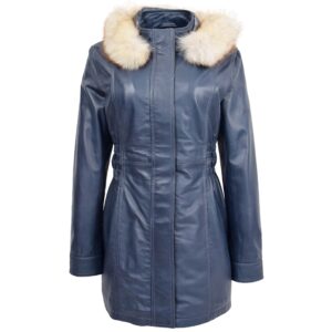 BUNERI Women’s Premium Blue Leather Coat with Detachable Hood
