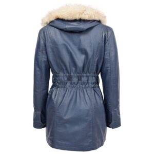 BUNERI Women’s Premium Blue Leather Coat with Detachable Hood
