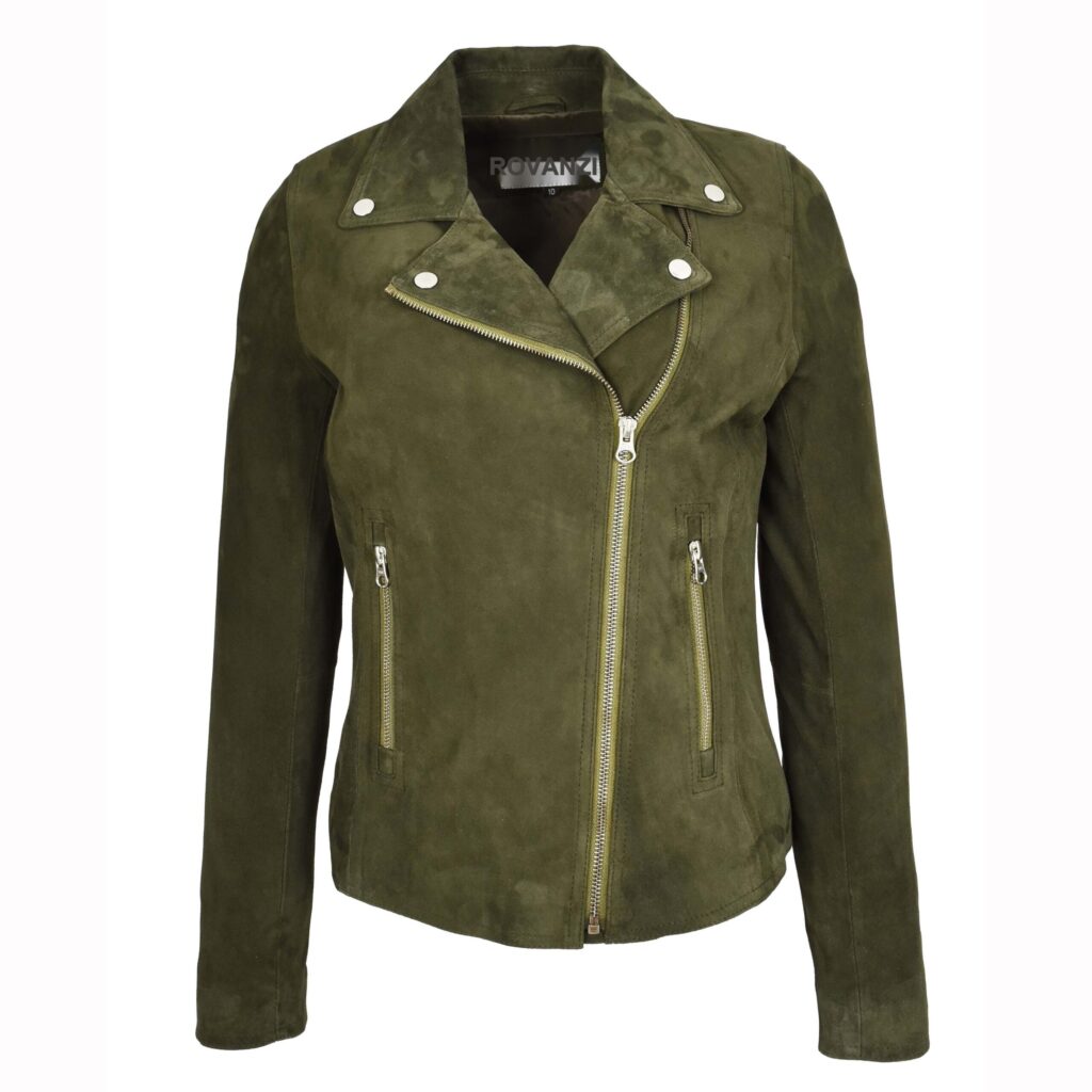 BUNERI Women's Genuine Goat Suede Biker Jacket Olive Green