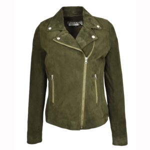 BUNERI Women’s Genuine Goat Suede Biker Jacket Olive Green