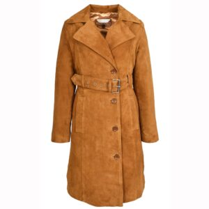 BUNERI Women’s Genuine Goat Suede Trench Coat 3/4 Length Cognac with Belt