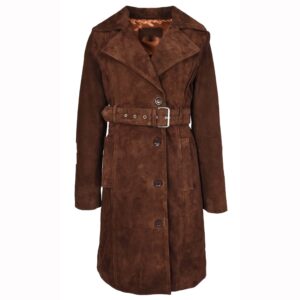 BUNERI Women’s Genuine Goat Suede Trench Coat 3/4 Length Foxy Rust Brown with Belt